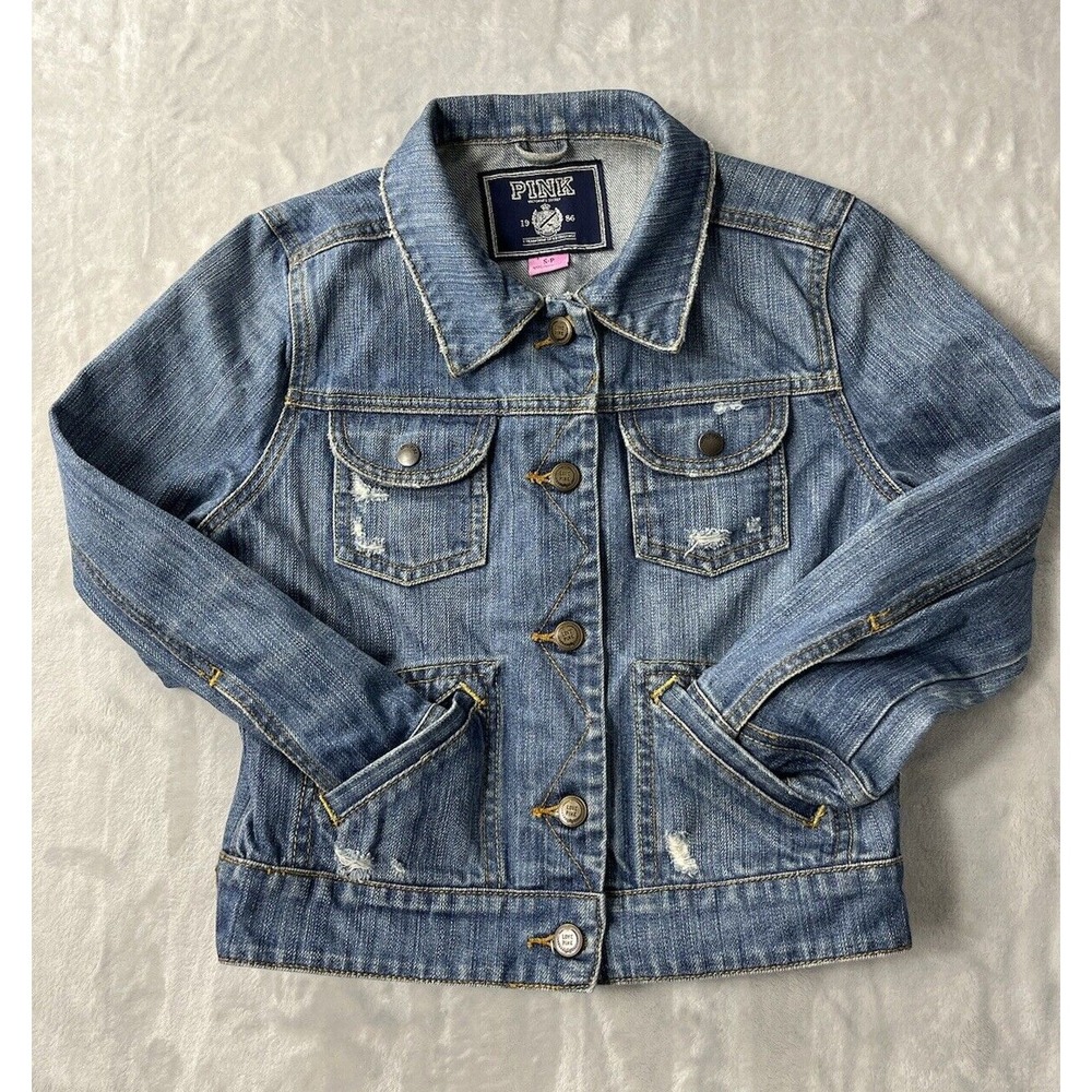 VICTORIA SECRET PINK Jacket Women S/P Blue Wash Denim Distressed Pocket Preppy